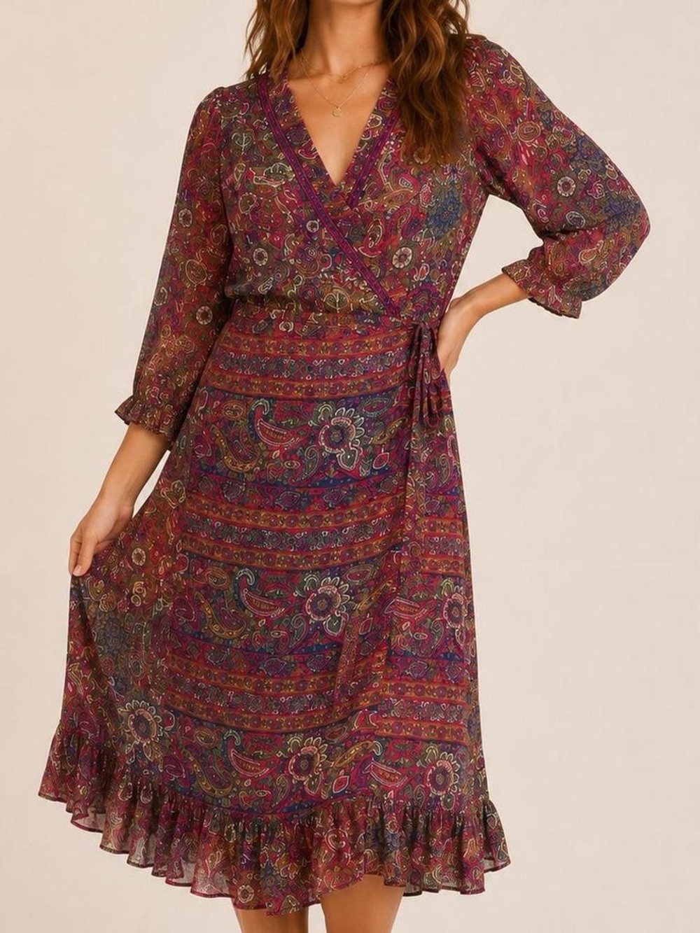 Boho Paisley Silk Blend Wrap Midi Dress Romantic Cottagecore Fairy Medium Purple